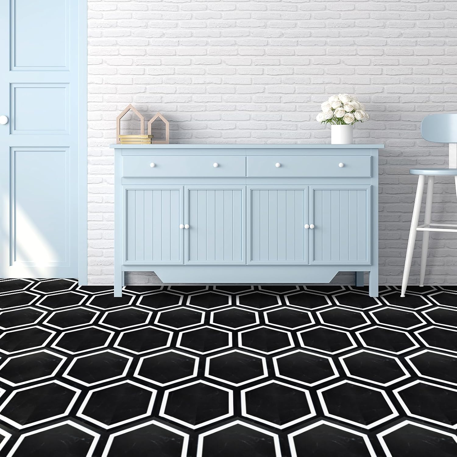 Hexagon Black Marble Peel And Stick Floor Tiles 30-Pack
