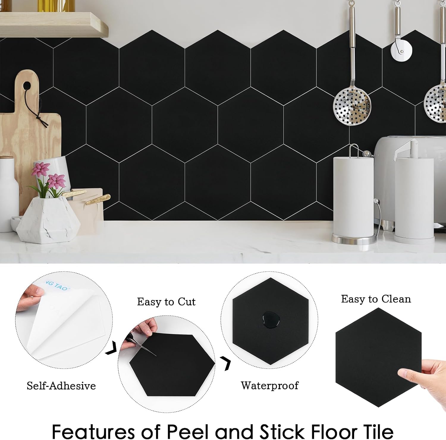 Hexagon Solid Black Peel And Stick Floor Tile 30 Pcs