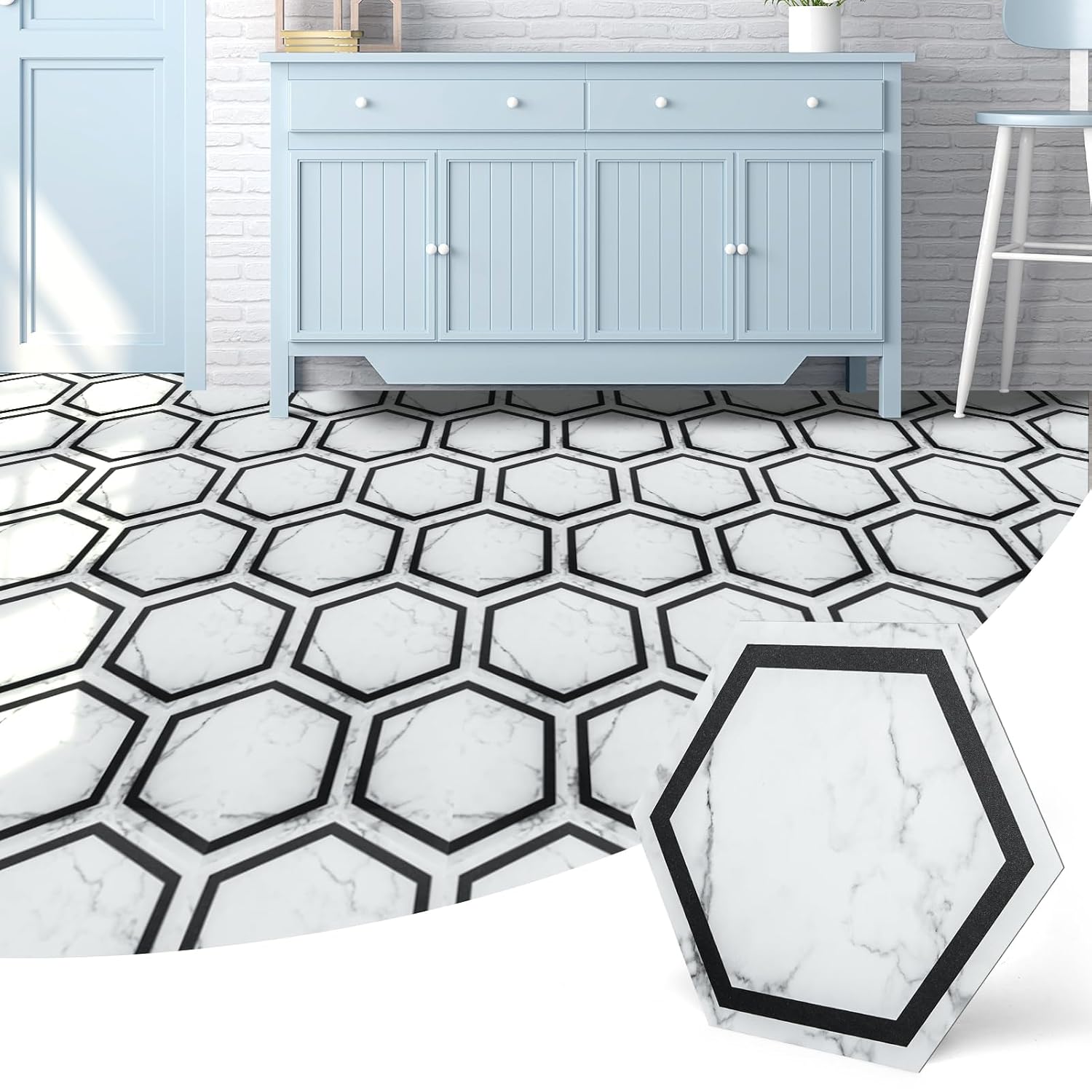 Hexagon White Marble Peel And Stick Floor Tiles 30-Pack