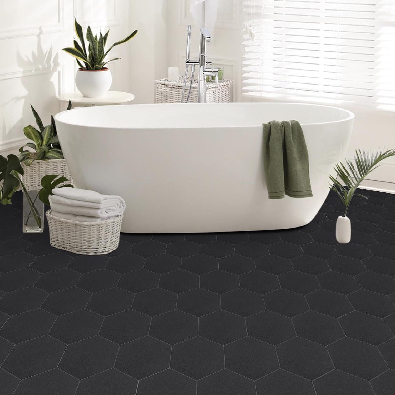 Hexagon Solid Black Peel And Stick Floor Tile 30 Pcs