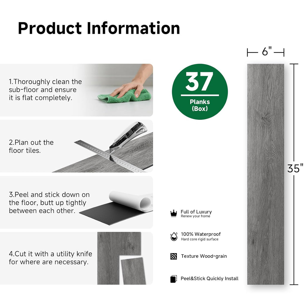 Dark Gray Wood Effect Peel And Stick Vinyl Planks 37-Pack