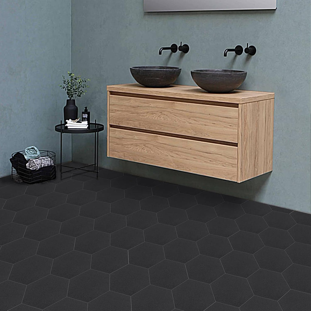 Hexagon Solid Black Peel And Stick Floor Tile 30 Pcs