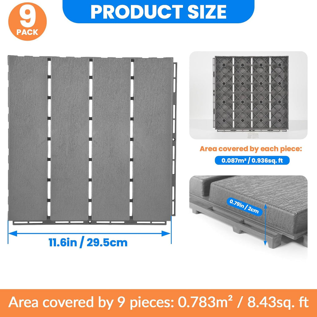 9 PCS 11.6"x11.6" Plastic Interlocking Deck Tiles