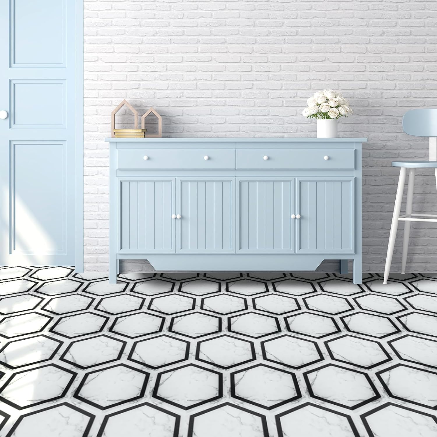 Hexagon White Marble Peel And Stick Floor Tiles 30-Pack