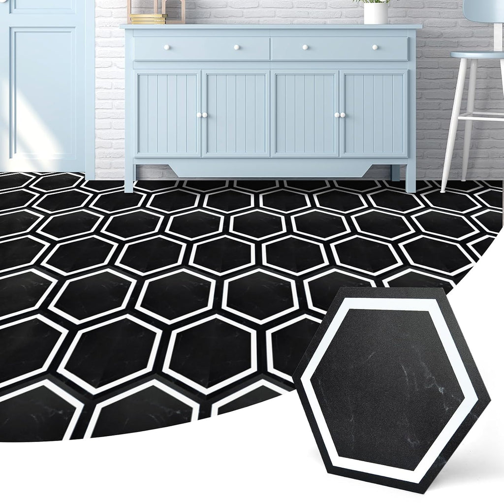 Hexagon Black Marble Peel And Stick Floor Tiles 30-Pack