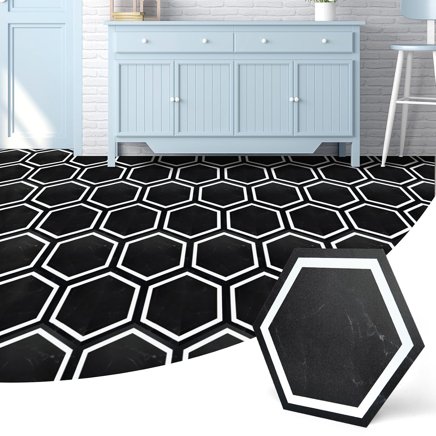 Hexagon Black Marble Peel And Stick Floor Tiles 30-Pack