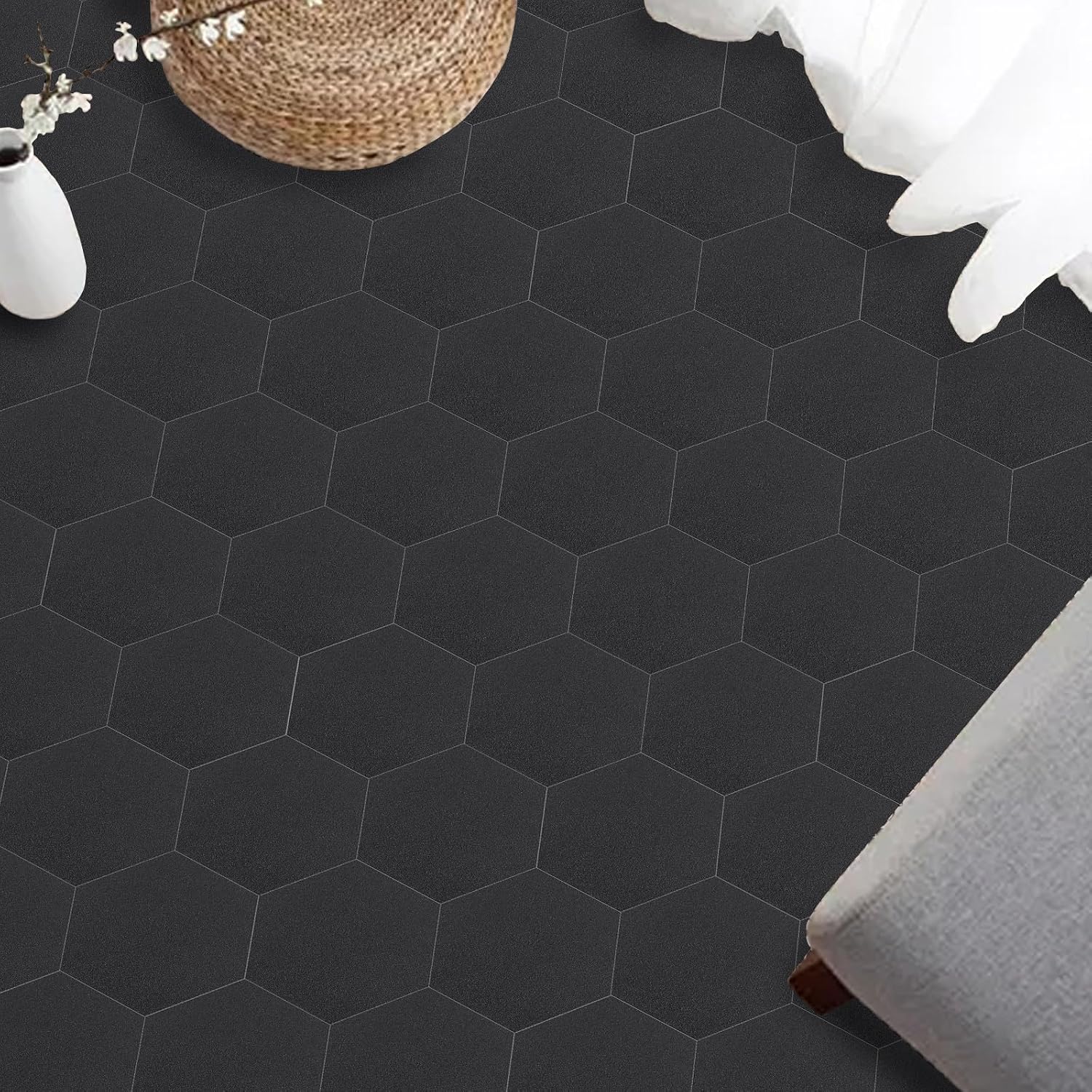 Hexagon Solid Black Peel And Stick Floor Tile 30 Pcs